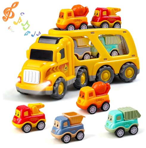 Daioller Jouets de Construction 5-en-1 pour Enfants de 1 2 3 4 Ans, Jeu de véhicules pour Enfants avec Son et lumière, 1 Camion Porteur avec 4 Mini-Voitures de Dessin animé à Tirer