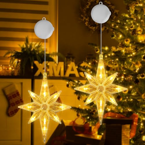 OUILA Weihnachtsbeleuchtung Fenster, LED Bethlehem Stern mit Saugnäpfe & Timer Weihnachtsdeko Lichter Lichterkett Fenster Innen Batteriebetrieben Fensterlichter Weihnachten Sterne Weihnacht(Warmweiß)