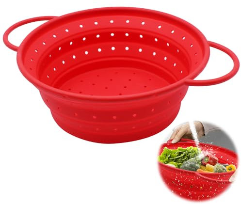 WYYFXY® Sieb Faltbar Silikon, Nudelsieb Faltbar 26cm Abtropfsieb Silikon Groß Pasta Strainer Spülmaschinenfest für Abtropfen von Nudeln, Obst, Gemüse (Rot)