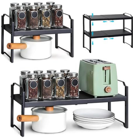 Avilia Scaffale Estensibile, Supporto da Cucina Regolabile con Capacità di Carico 10 kg, Scaffale con Design Versatile per Cucina, Bagno e Soggiorno 53x21x22cm Nero