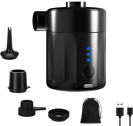 Mojimdo Tragbare Elektrische Luftpumpe, 5000 Pa Pumpe Akku, 450L/Min, Kompakte Air Pump mit 4 Düsen, für Camping, Luftmatratze, Schwimmring, Luftkissen, Schlauchboot, Vakuumbeutel