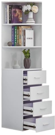 Redd Royal Tall Slim Wood Cabinet with 4 Drawers 3 Shelvesfor Corner Bathroom Living Room Bedroom Kitchen, Utility Unit Storage Cupboard Bookcase Sideboard Home Office (White, 40Dx40Wx170Hcm)