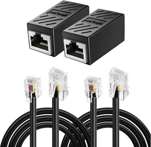 QTMMC Paquete de 2 adaptadores RJ45 RJ11 a RJ45, cables de teléfono, convertidor divisor de expansión 8P8C a 6P4C Ethernet Patch Network Lead Phone Line ADSL Modem 0,5 m, color negro