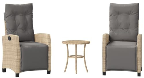 vidaXL Sillas y Mesita de Jardín con Cojín 3 Piezas, Mesa y Sillón con Respaldo, Muebles de Bistró, Juego de Muebles, Ratán Sintético Beige Mezcla