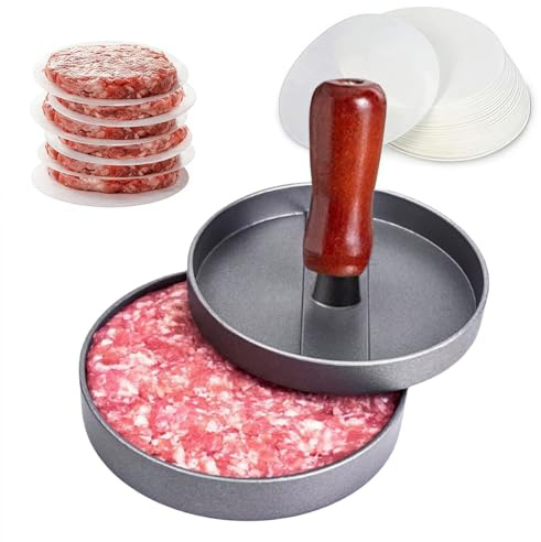 Burger Press Patty Maker with 100 Wax Papers, Food Grade Stainless Steel Burger Maker with ABS Handle, Non-Stick Meat Patty Hamburger Maker, r for BBQ, Baking, Stuffed Burgers, Beef Burger