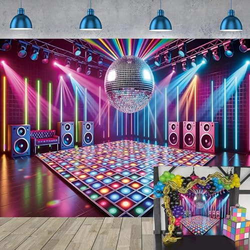Disco Stage Backdrop Retro Rock Music Disco Ball Glow Colorful Photography Background 70s 80s 90s Night Club Neon Dance Prom Birthday Party Decoration Banner Photo Props (7x5FT)