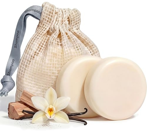 Vove Shampoo Bar Set (2 Bars + Storage Bag) - Sulfate Free Solid Shampoo for Hair Growth & Strength - Rice Protein, Ginseng & Squalane - Vanilla Cedar Scent - Plastic Free, pH Balanced, Color Safe