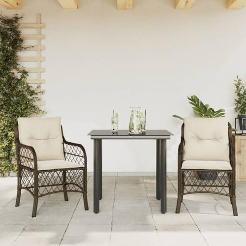Ensemble de bistro 3 pièces avec coussins, marron, en polyrotin, résistant aux UV, 80 x 80 x 74 cm, table pour jardin, balcon, terrasse