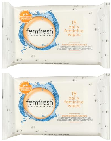 2 x Femfresh Daily Feminine Wipes 15 Count – pH & Microbiome Balanced, Biodegradable & Flushable Intimate Cleansing Wipes, Gentle for Daily Sensitive Skin, Freshness for Home & Travel