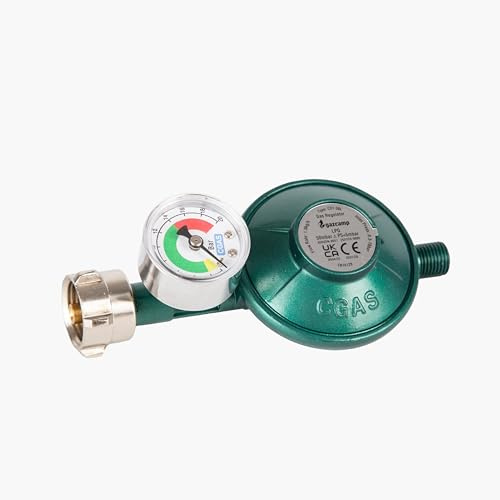 Gazcamp Gasdruckregler mit Manometer und Schlauchbruchsicherung, 50 mbar Ausgangsdruck, 1,0 kg/h Durchflussleistung, für Propangasflaschen im Außenbereich