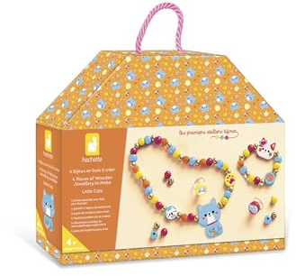 Janod - 4 Bijoux en Bois à Créer Petits Chats - Les Premiers Ateliers - Création de Bijoux DIY - Kit Loisir Créatif Enfant - Apprentissage Motricité Fine et Concentration – Dès 4 Ans