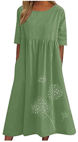 Wyongtao Robe en Coton Lin pour Femme Robes Longue Manches Courtes Robe De Plage Décontractée À Col Round Chic Et Élégante Bohême Midi Dress Motif Pissenlit T-Shirts Robes Grande Taille