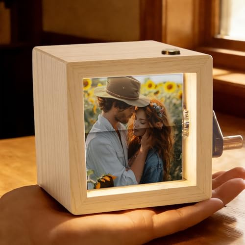 Custom Photo Flipper Box with Light Picture Text Personalized Photo Album Flip Boxes for Valentine's Christmas Anniversary Birthday Gifts (Natural Wood, 8 Photos)