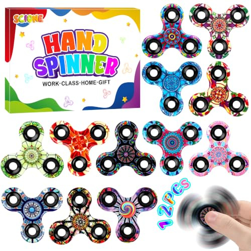 SCIONE [Pack de 12] Fidget Spinner Estilo Vidriera Rosetón (6,3 cm), Spinner de Mano Alta Velocidad, Detalles Cumpleaños Infantiles, Juguete Sensorial Artístico