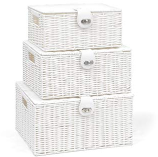 ARPAN Set of 3 Resin Woven Storage Basket Box With Lid & Lock (White)
