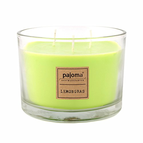 pajoma® Duftkerze Lemongras 340g Wachsgewicht | 3-Docht Soja-Paraffin-Wachsgemisch | mit Holzdeckel - ca. 40 Std. Brenndauer | Hochwertiger Raumduft im Glas