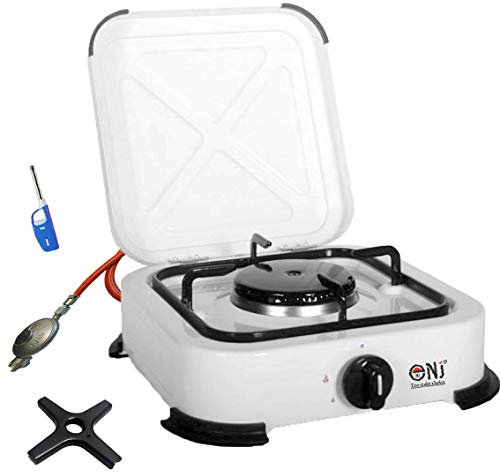 Gaskocher 1 flammig Campingkocher 2,2 KW mit Deckel Gasherd Kochfeld + Phönix Gasherdkreuz inkl. Gasschlauch-Regler-Set