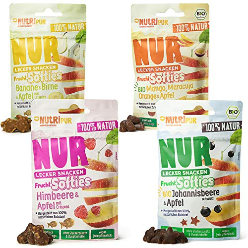 NutriPur Frucht Softies BIO 4er Set - Fruchtgummi ohne Gelatine: Natürliche Snacks aus Fruchtsaftkonzentrat von Beeren und exotischen Früchten, 4 Packungen Fruchtgummi vegan, rein pflanzlich