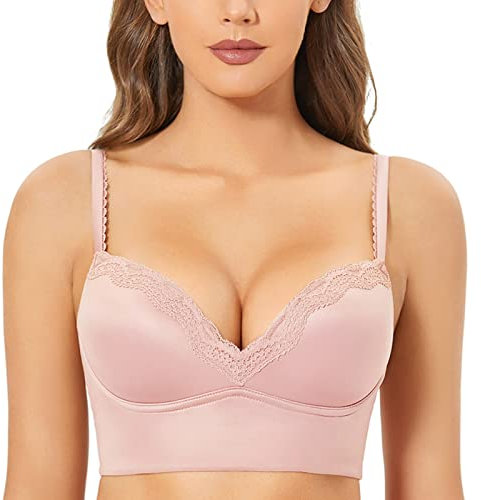 DOBREVA Push Up BH Damen ohne Bügel Soft Gepolstert Bügelloser Bralette mit Spitze Nacktes Rosa 85C