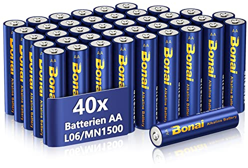BONAI Longlife Alkaline Batterien AA (40 Stück) 1,5V Mignon LR06 Batterie, leistungsstark, Ideal für Wecker, Fieberthermometer, Dekorative Lampen und andere Geräte mit Hohem Energiebedarf