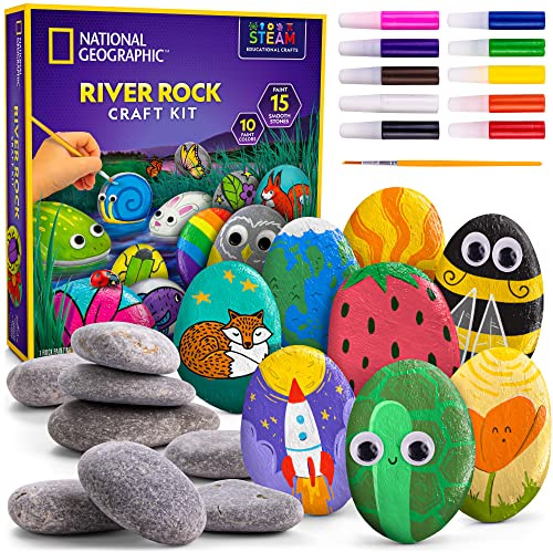 BlueMarble National Geographic Rock Painting Kit - Arts & Crafts Kit for Kids, Paint & Decorate 15 River Rocks with 10 Paint Colors & More Art Supplies, Kids Craft, Outdoor Toys, Art Activity Kit