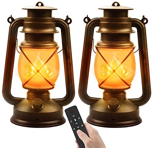 LED Vintage Laternen Batteriebetrieben, 2er Set LED Laternen für Draußen Gartenlaterne Hängend Laterne mit Fernbedienung USB Wiederaufladbare 4 Modi Realistische Flackerflamme Camping Deko für Garten
