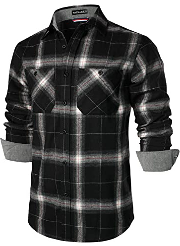 PARKLEES Chemises en polaire à carreaux classiques et élégantes pour hommes, coupe régulière, décontractées, manches longues, boutonnées, avec poche, Noir , M