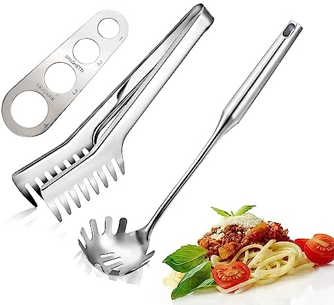 HZIYOU Lot de 3 cuillères à spaghettis et pinces à pâtes, en acier inoxydable en forme de peigne pour nouilles, pâtes
