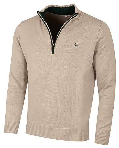Calvin Klein Hombre Chunky Knit 1/2 Zip Suéter de Golf - Café con Leche - M