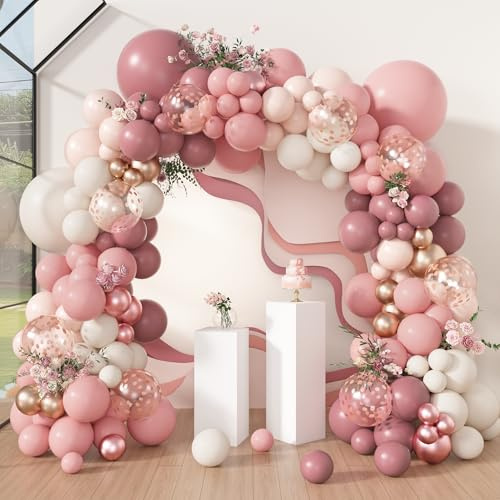 Amandir 173Pcs Dusty Rose Pink Nude Balloon Garland Arch Kit, 18In Retro Blush Peach Mauve White Sand Gold Confetti Balloons for Girl Baby Shower Wedding Boho Birthday Party Decorations