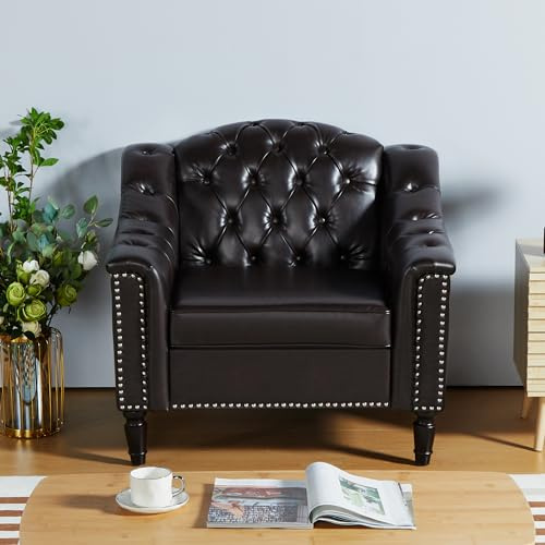 AVZEAR Chesterfield Sofa Chair, Mid-Century Modern Armchair, PU Fabric Single Sofa Chair with Nailhead Trim and Button Tufted for Living Room, Office, Bedroom, Brown