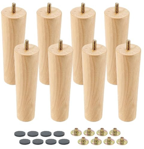 MAHIONG Lot de 8 pieds de meubles en bois massif de 15 cm avec matériel et patins en feutre pour canapé, table, chaise, armoire