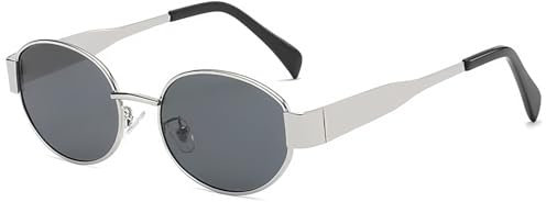 JCTAIFOO Retro Ovale Sonnenbrille für Herren und Damen Vintage Klassisch Rund Metallrahmen Punk-Stil Brille A-Silber/Dunkelgrau