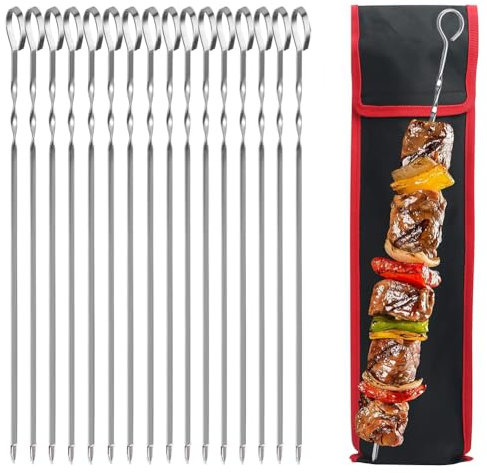 JUCHRZEY Spiedini di Kabob Spiedini di Kabob for BBQ in Acciaio Inossidabile Manico Lungo Spiedini di Griglia Piatta Spiedini di Shish Kebab for Picnic da Campeggio all'aperto (16 Pezzi)