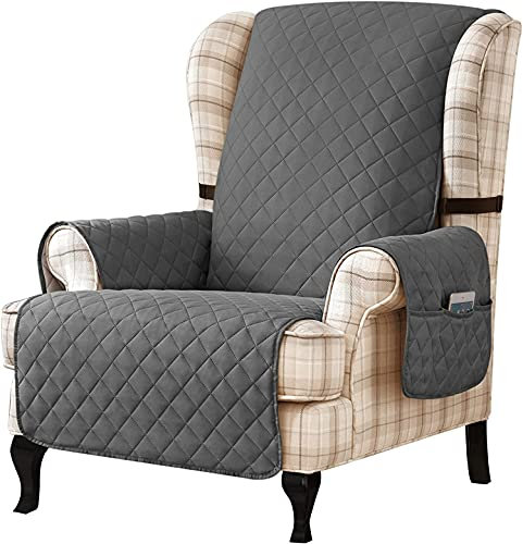 Reversible Armchair Covers, Winged Back Chair Cover with Two Elastic Bands, Washable Sofa Cover for Living Room Armchair Removable Furniture Protective Cover(Grigio Chiaro)