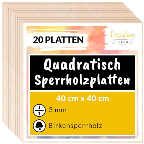 Creative Deco 20 Quadratische Sperrholzplatte 3mm | 400 x 400 (+/- 2) mm | Birkensperrholz Dünne Holz-Zuschnitte | Perfektes Blatt für Laubsäge Brandmalerei Laserschnitt CNC Router