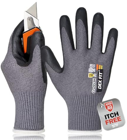 DEX FIT Guantes anticorte Cru953H, ANSI A9, EN388 4X44F, sin fibra de vidrio, Power Grip de nitrilo espumado (base agua), ajuste 3D, táctiles, lavables, 13-gauge; Grey S (7) 1 Pair