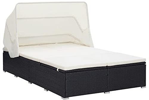 IKAYAA Doppelliege Outdoor 2 Personen mit Dach Sonnenliege 2 Personen Verstellbar Sonnenbett Loungebett Gartenbett mit Auflage Schwarz
