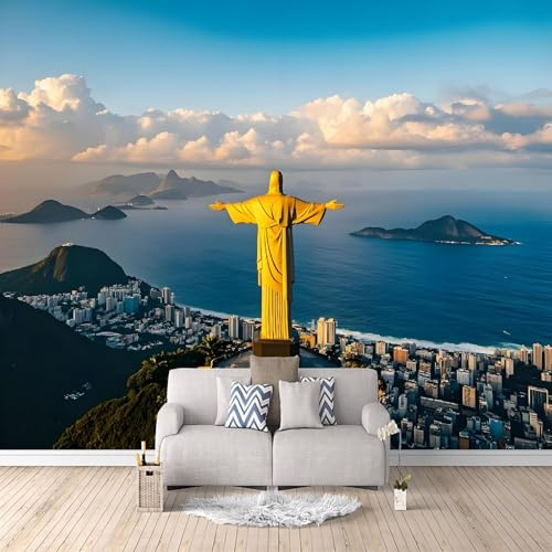 Papel Pintado 3D Estatua Del Cristo Redentor En Río De Janeiro 200x140 cm Fotomurales Tejido No Tejido, Papel Tapiz Grande Murales Fotográfico Moderno Decoración de Paredes