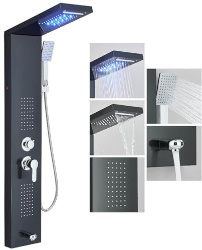 Pannello doccia colonna doccia idromassaggio nero per bagno con soffione doccia a LED sistema doccia con uscita acqua multifunzione in acciaio inossidabile