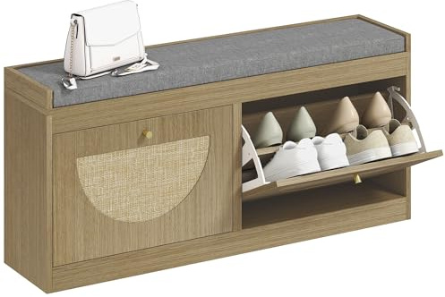 HOMCOM Banco Zapatero, Banco Recibidor Bohemio, con Asiento Acolchado, Puertas Frentes de Ratán, Estante Ajustable, para 8 Pares de Zapatos, para Entrada, 105x35x47 cm, Natural