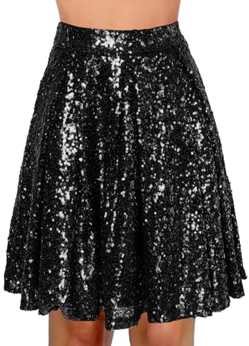 Sequin Skirts for Women Midi Sparkly Elasticated High Waist Pleated Glitter Shiny Knee Length Skirt for Carnival Costume