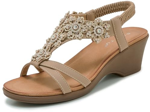Acfoda Wedge Sandals Womens Comfort Ladies Sandal Mid Heel Bohemian | Diamante Slingback,with Ankle Strap,Summer Shoes Casual,Beach Holiday,Wedding