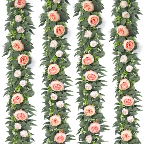 Dremisland 4 stycken konstgjorda blomgirlanger ros eukalyptus girlang