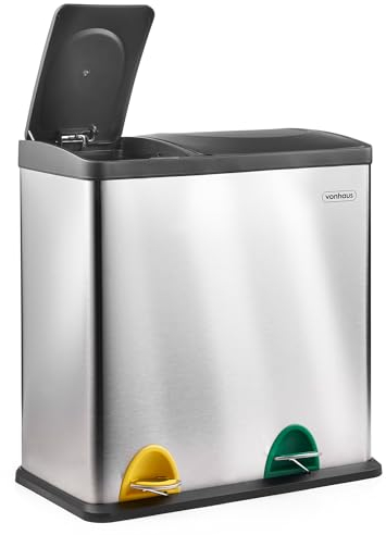 VonHaus Kitchen Bin, 36L Double Recycling Bin for Kitchen, Stainless Steel 2 Section Food Waste Separation System with Non-Slip Base & Removable Inner-Compartments, Airtight Trash Can, 1 x 24L 1 x 12L