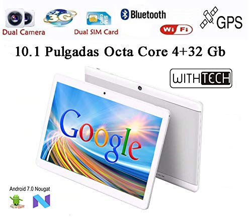 WITHTECH Edison IV 3G - Tablet de 10.1 Octa-Core GPS (3G + WiFi + Bluetooth 4.0, 32 GB, 4 GB RAM, Android 7) con Funda de Regalo (Blanco)