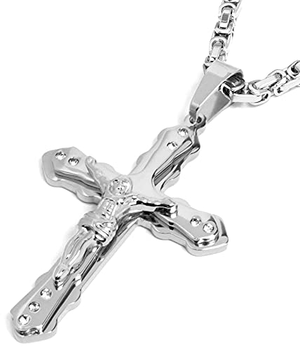Schmuck-Checker Großer XL Kreuz-Anhänger mit Jesus silber poliert aus 316L Edelstahl Herren Königskette Halskette Männer Schmuck Geschenk Hochwertig