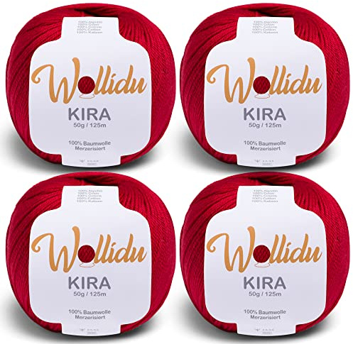 Wollidu Kira 100% Cotton for Knitting and Crocheting 4 x 50g Set Crochet Yarn Knitting Yarn Dark Red