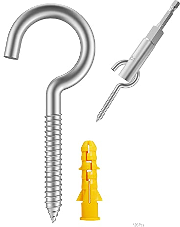 304 Edelstahl Schraubhaken, Metallhaken, Heavy Duty Screw Eye Hooks, Holzklemme Ring Eye Haken, Hängemattenhalterungen, Ösenbolzen (3.5 26 pcs + 1 pcs 1/4 hex shank wing nut driver)