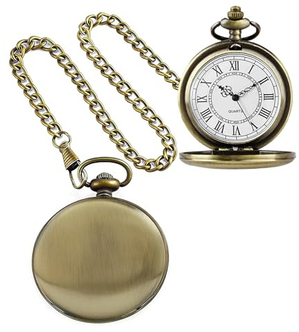 Alwesam Bronze Smooth Quartz Pocket Watches Round Roman Numbers with 37CM Chain Best Gifts for Men Women